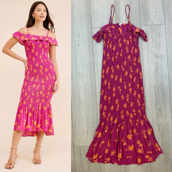 Anthropologie Dresses & Skirts - By Anthropologie XS Off-The-Shoulder Smocked Midi Dress Pink Orange Floral
